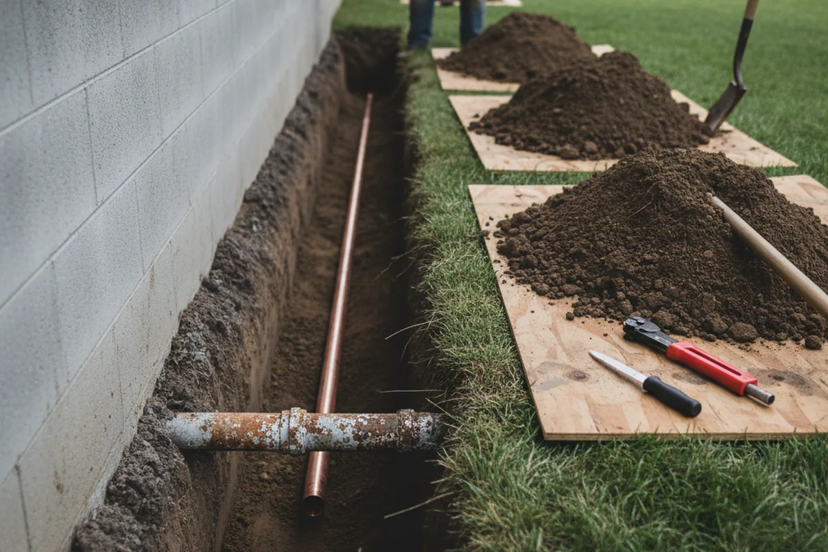 Excavated water line trench during Sewer Line Repair in Morton